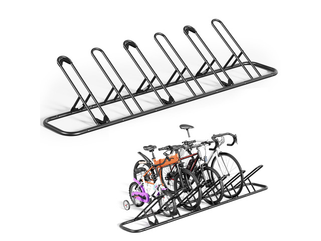 Floor Bike Rack for Garage, Indoor Outdoor Bicycle Storage Stand, Bike Parking Rack for Mountain, Road & Kids Cycles (Black, 6-Slot)