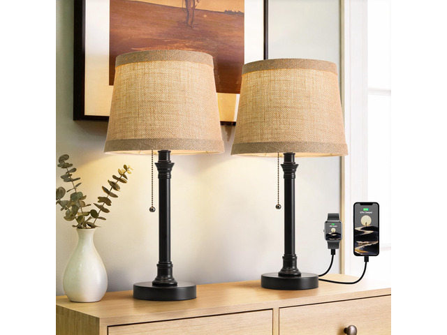 19.5' Small Table Lamps Set of 2 for Living Room Bedroom, USB A+C Pull Chain Switch Rustic Bedside Table Lamps, Natural Shade, Small Farmhouse...