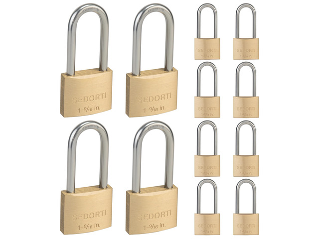 12-Pack Keyed Alike Locks with Key# 44123, Solid Brass Padock with 304 Stainless Steel Long Shackle, Weatherproof Locks for Outdoor Use