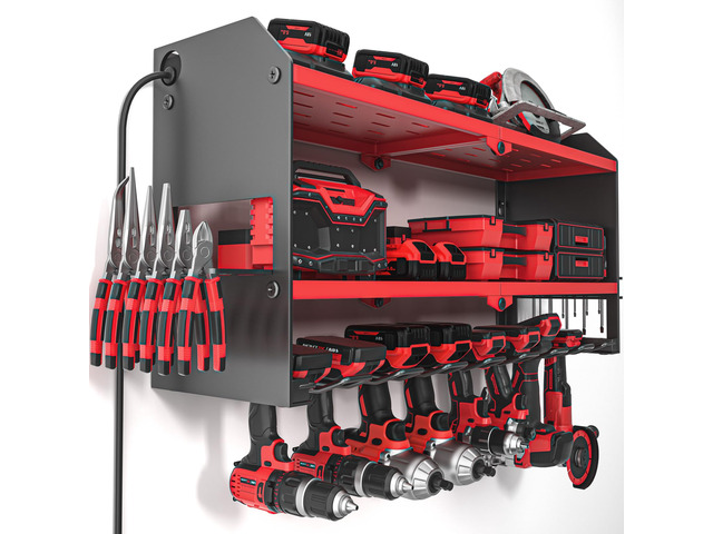 Power Tool Organizer with Charging Station Wall Mount, Cordless Drill and Battery Holder for Garage Organization, Electric Tools Storage Rack Build...