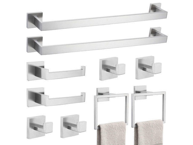 10-Piece Bathroom Hardware Accessories Set-Brushed Nickel Towel Bar, Holder & Racks-SUS304 Stainless Steel-Wall Mounted,23.6-Inch