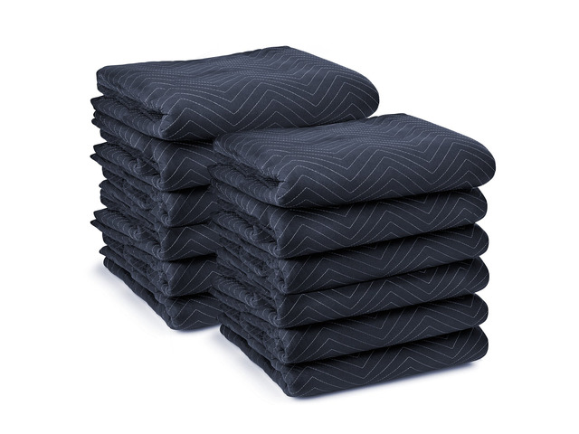 12 Moving & Packing Blankets - Pro Economy - 80' x 72' (35 lb/dz weight) - Quilted Shipping Furniture Pads Navy Blue and Black