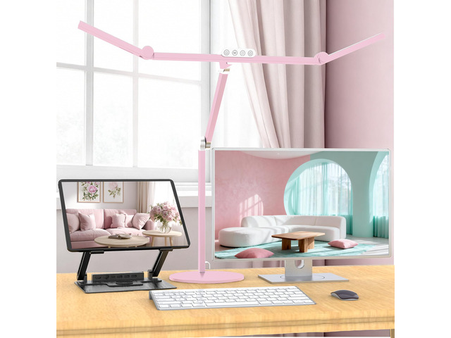Led Desk Lamp with Base, Adjustable Tall Architect Desk Light for Home Office with Flexible Swing Arm, 24W Pink Bright Table Lamp Auto Dimming...