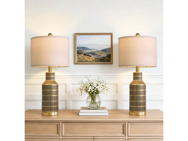 25' Gold and Black Modern Ceramic Bedside Lamp Set of 2 for Bedroom Decor Farmhouse Table Lamp for Living Room Office Dorm