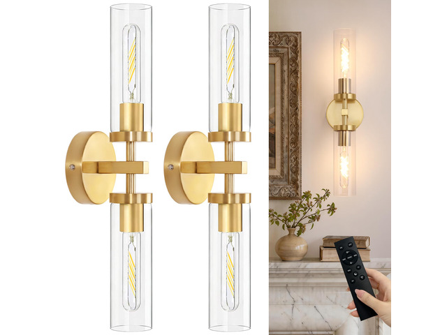 Set of 2 Wall Sconces, 7800 mAh Battery Operated Wall Sconce with 3 Colors & Remote Control, Gold Rechargeable Wall Lamp with Clear Glass Shade for...