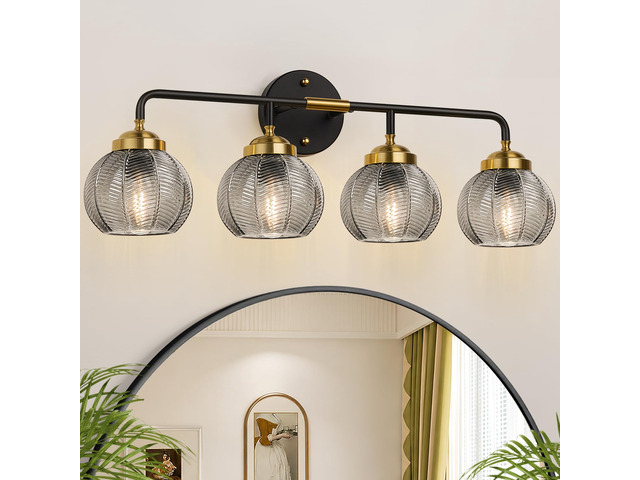 Bathroom Light Fixtures, 4-Light Smokegray Vanity Lights with Unique Leaf Texture Glass Shade, Modern Matte Black and Gold Bathroom Wall Lamp for...