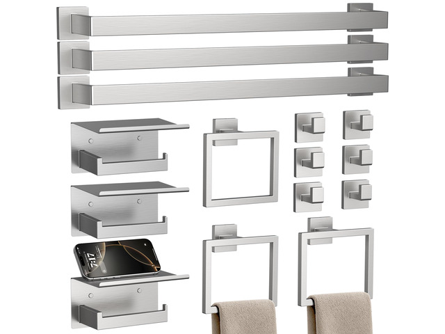 15-Piece 23.6 Inch Brushed Nickel Bathroom Hardware Accessories Set Stainless Steel Bath Extended Towel Bar, Toilet Paper Holder with Shelf, Towel...