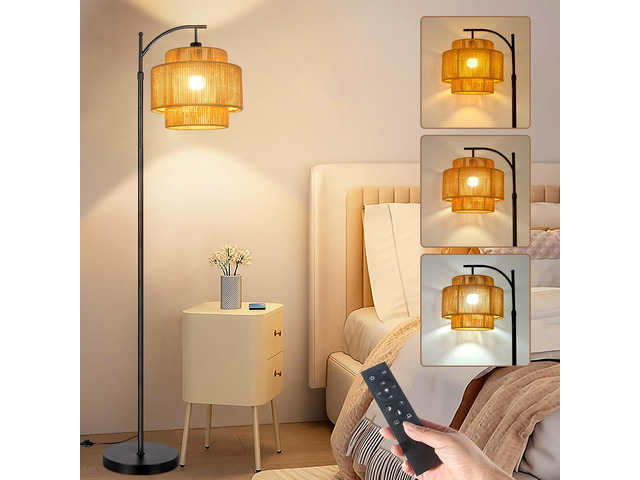 Rattan Floor Lamp for Living Room Bedroom Boho Arc Standing Lamp with Remote Dimmable Black Farmhouse Wicker Bamboo Lamp Shade Floor Light Tall...
