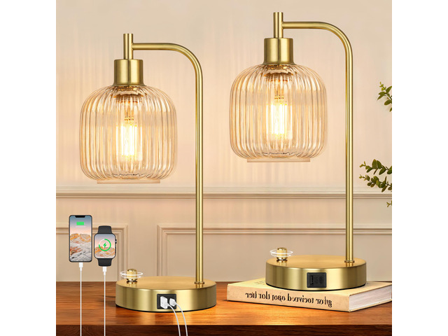 Clear Glass Table Lamps Set of 2, Dimmable Bedside Lamps for Living Room USB A+C Charging Ports, Stepless Dimmable, Brushed Gold, 2 Dimmable LED...