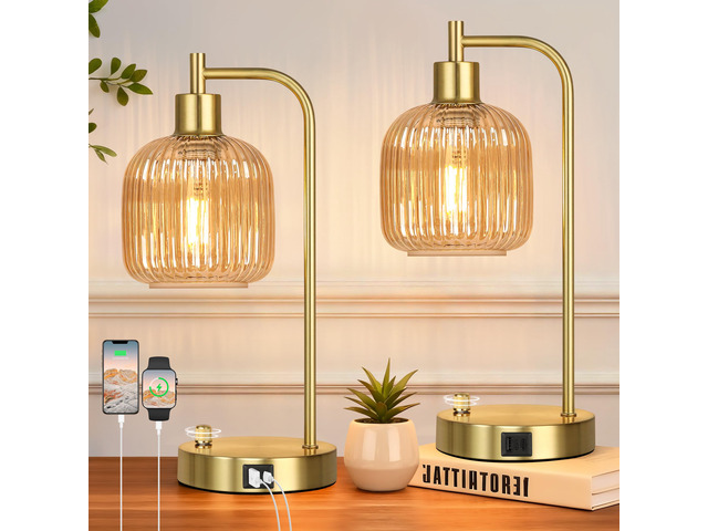 Champagne Glass Table Lamps Set of 2, Dimmable Bedside Lamps for Bedroom USB A+C Charging Ports, Stepless Dimmable, Brushed Gold, 2 Dimmable LED...
