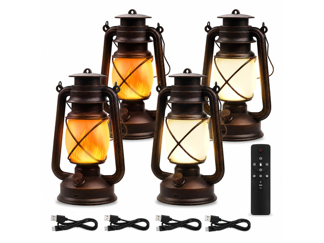 USB Rechargeable Lanterns 4 Pack with Remote Control 4 Modes Lights Vintage Hanging Lanterns Outdoor Waterproof LED Flickering Light Outdoor Indoor...