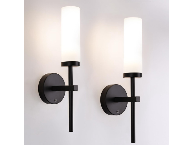 Battery Operated Wall Sconces Set of 2, Black Rechargeable Wall Lighting Fixtures, Dimmable Wall Lights with Remote & Opal Glass Shade for Living...