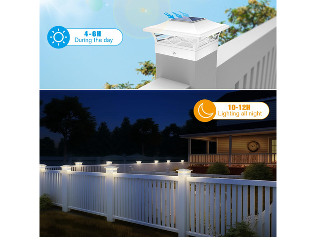 Solar Fence Post Lights 6pack, Cap Lights for 4x4/5x5 Vinyl Fence and 4x4/6x6 Wooden Post, Warm White/Cool White Lighting, White Solar Cap Outdoor...