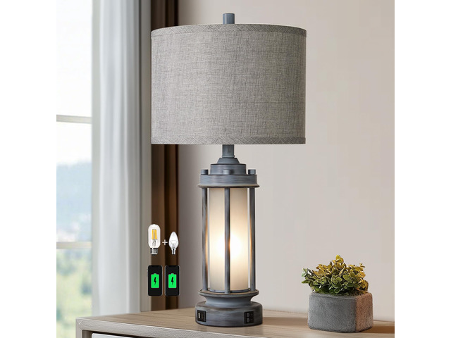 25' Rustic Farmhouse Nightstand Lamp with 2 USB C+A Ports Rustic Vintage Antique Retro Design With Light Green Glass Nightlight. Table Lamp for...
