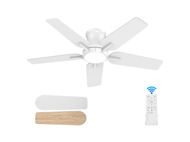 42 Inch White Ceiling Fans with Lights and Remote, Flush Mount Low Profile Ceiling Fan for Bedroom, Living Room, Patio, Dimmable 6 Speeds Noiseless...
