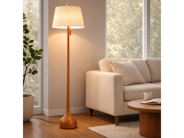 Mid Century Modern Real Wood Floor Lamp with 2 Shades for Two Looks 65' Tall,Sculptural Teardrop Base,Wooden Pull Chain,Vintage Standing Lamp,Linen...