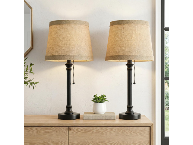 19.5' Black Rustic Table Lamps Set of 2 for Living Room Bedroom Pull Chain Switch Bedside Table Lamps, Farmhouse Nightstand Lamp with Natural...