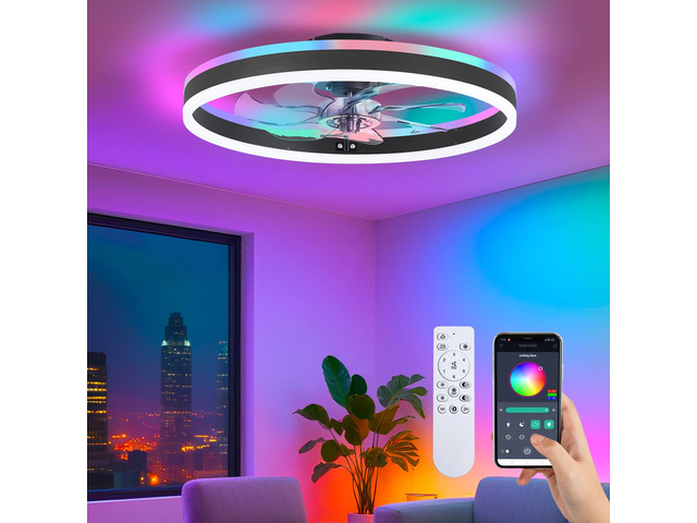 RGB Ceiling Fans with Lights, 15.7' Low Profile LED Ceiling Fan Dimmable Flush Mount Ceiling Fan, Remote and APP Control, Bladeless Small Fandelier...