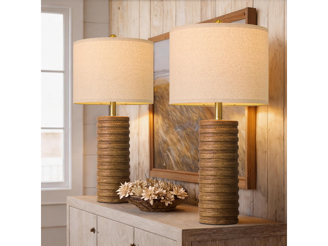 Farmhouse Table Lamps Set of 2 for Living Room, 27'' Tall Retro Ceramic Bedside Lamps with Linen Lampshade for Bedroom, Vintage Wood-Like Rustic...