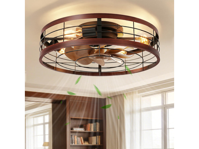 Farmhouse Caged Ceiling Fans with Lights Flush Mount, 19.7'' Rustic Low Profile Ceiling Fan with Light and Remote, Bladeless Fandelier Ceiling Fans...