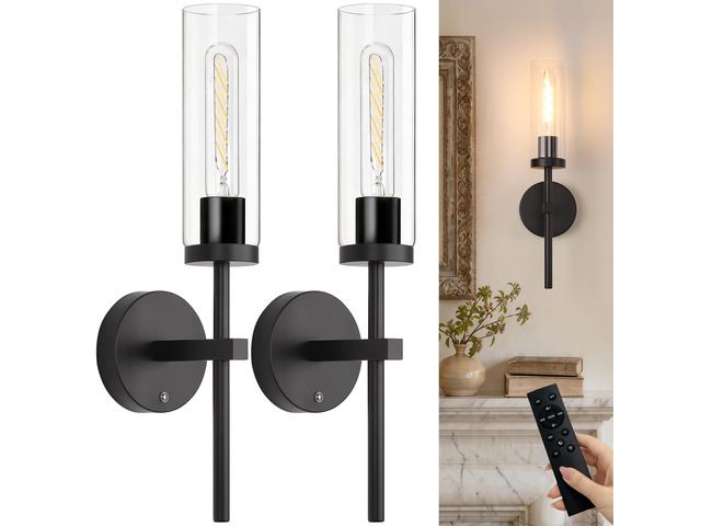 Battery Operated Wall Sconces Set of 2, Black Rechargeable Wall Lighting Fixtures, Dimmable Wall Lights with Remote & Clear Glass Shade for Living...
