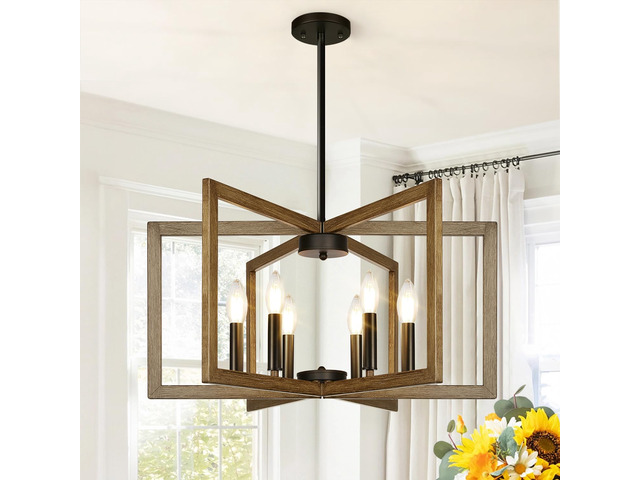 25'-61' Height Adjustable Retro Wood Texture Chandelier for Dining Room, No Assembly Required Dining Room Light Fixture Over Table, Industrial...