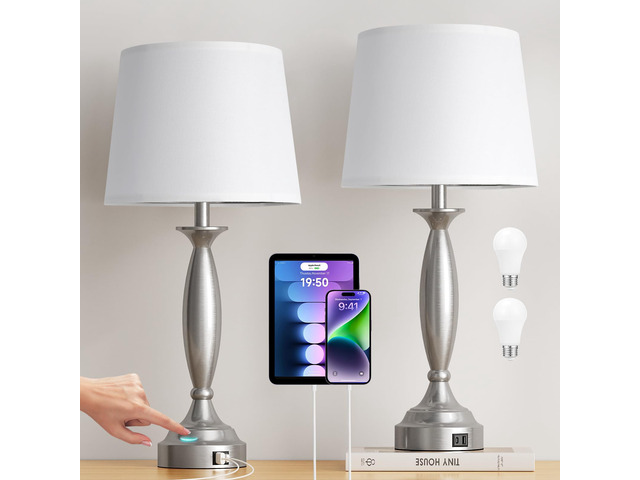 Bedroom Lamps for Nightstand, 3 Way Dimmable Silver Bedside Lamps with USB 25.5' Touch, USB C+A Ports, Bulb Included, White Shade, Silver, Chrome,...