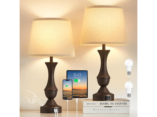 22' Table Lamp Set of 2 - Vintage Brown Bedside Lamp Beige Fabric Shade, Dimmable, USB C+A Ports, Nightstand Lamp for Living Room Bedroom (Bulb...