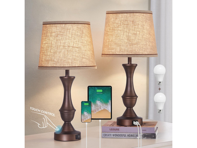 Touch Table Lamps Set of 2, 22' Tall Bedside Lamps with USB C+A Ports, Dimmable Table Lamp, Nightstand Lamps for Bedroom, Living Room, Office,...
