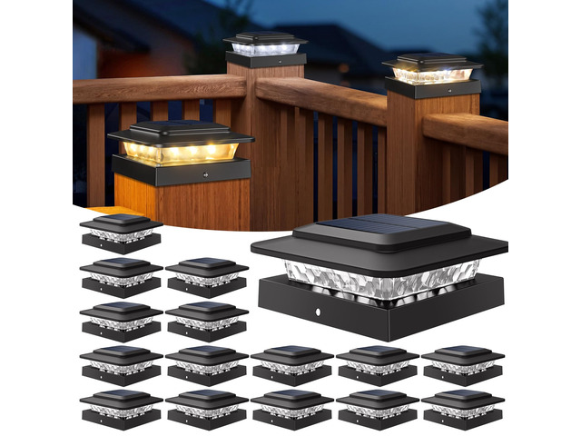 4x4 Solar Post Cap Lights Outdoor 16Pack- 3 Color Temperatures& 2 Level Brightness, IP65 Waterproof, 16 LED Black Fence Deck Post Light Solar...