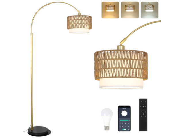 Arc Floor Lamp for bedroom with Rattan & Linen Shades, Gold Floor Lamp with Remote & Dimming Bulb, Rustic Standing Lamp with 3 Color Temperatures,...