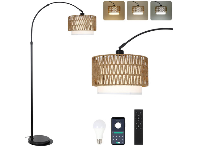 Arc Floor Lamp with Remote, Modern LED Floor Lamp with Dimmable Bulb, Boho Farmhouse Standing lamp with Fabric & Rattan Lampshades, Height...