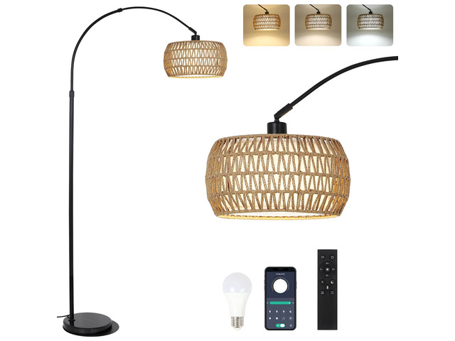 Arc Floor Lamps for Living Room with 3 Color Temperatures, Black Standing Lamp with Remote & Dimmable LED Bulb, Rattan Boho Floor Lamp, Farmhouse...
