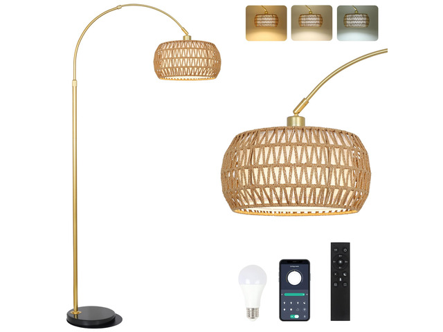 Gold Floor Lamps for Living Room, Arc Floor Lamp with Remote & Dimmable Bulb, Boho Rattan Standing lamp with 3 Color Temperatures, Height...