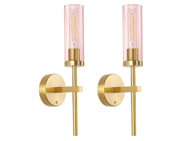 Battery Operated Wall Sconces Set of 2, Gold Rechargeable Wall Lighting Fixtures, Dimmable Wall Lights with Remote & Pink Glass Shade for Living...