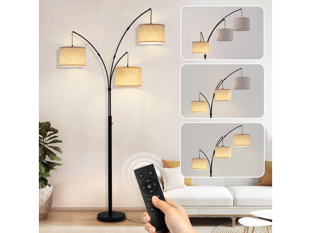 3 Light Arc Floor Lamp with Remote, Beige Shade Black Pole 80' Dimmable Floor Lamp, 2400LM Super Bright, Independently Controlled 9W LED...