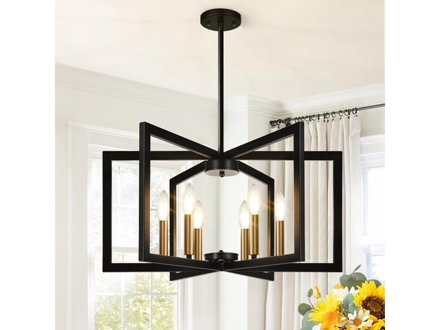 25'-61' Height Adjustable Modern Black and Gold Chandelier for Dining Room, No Assembly Required Dining Room Light Fixture Over Table, Industrial...
