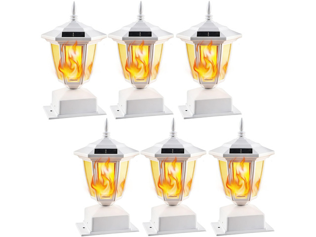 6 Pack Solar Flame Post Lights Outdoor, Solar Powered Lamps Fence Post Cap Lights, Flickering Flame LED Lantern Waterproof for Garden Deck Patio,...