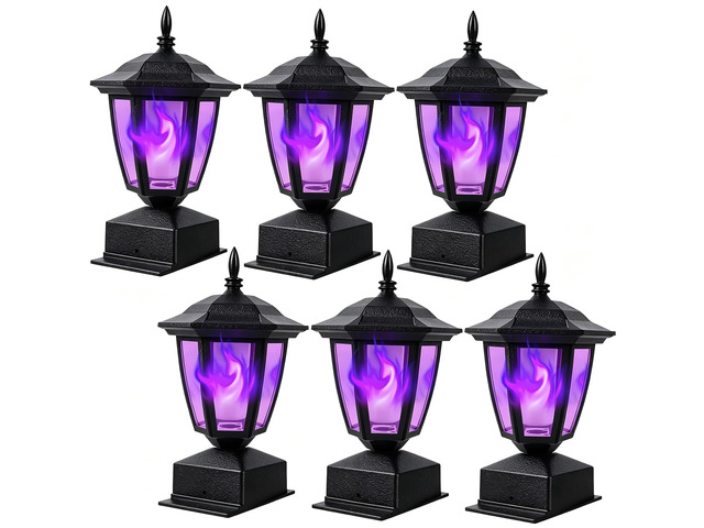 Solar Flame Post Cap Lights Outdoor, Halloween Flickering Purple Flame Post Lights, Solar Powered LED Lantern Waterproof for Garden Deck Fence...