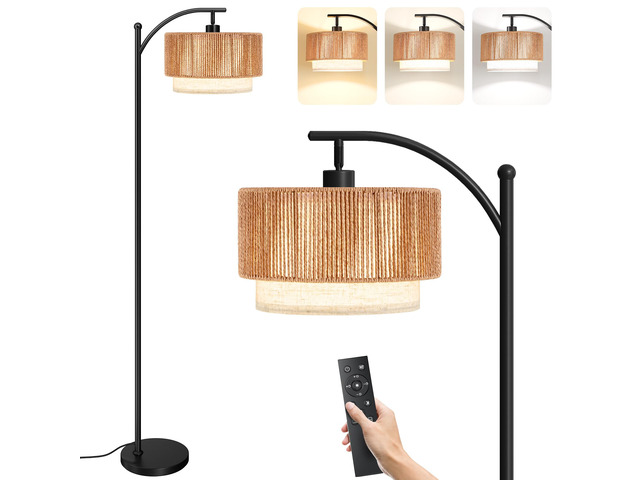 Arc Floor Lamps for Living Room with 12W Remote and Dimmable Bulb Farmhouse Floor Lamps with Adjustable Rattan & Fabric Shades, LED Lamp, Boho...