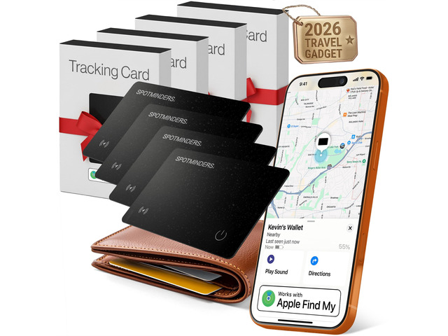 SPOTMINDERS Apple MFi Certified Wallet Tracking Card Black 4-Pack Travel Gifts for Him Works with Apple Find My Rechargeable Tracker IP68...