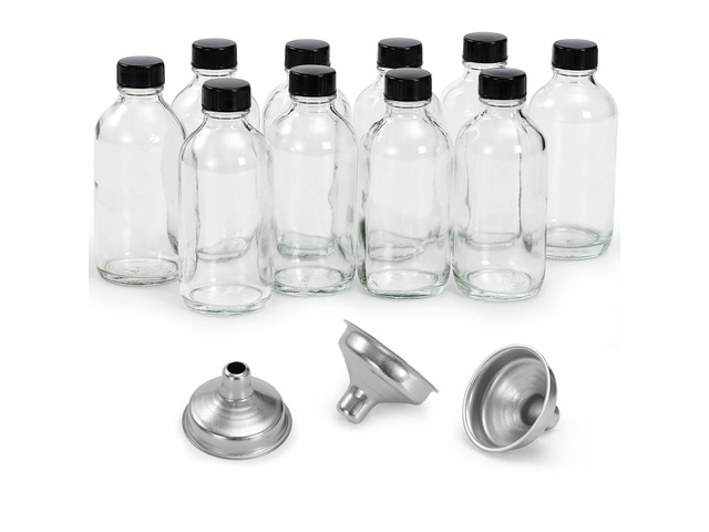 10 Pack, 4 oz Small Clear Glass Bottles w/ Lids & 3 Stainless Steel Funnel - 120ml Boston Round Sample Bottle for Potion, Juice, Ginger Shot,...