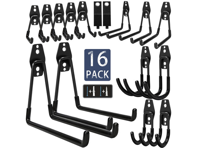 Steel Garage Storage Hooks-16 Pack Black Heavy Duty Wall Mount Hooks Wall Hooks Heavy Duty for Hanging Bike, Ladder, Garden...