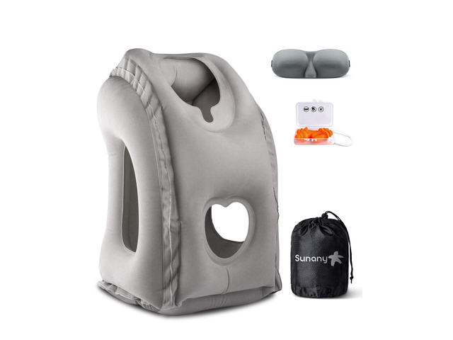 Travel Pillow, Inflatable Neck Pillow for Airplanes/Cars/Buses/Trains/Office Napping with Eye Mask/Earplugs (Gray)