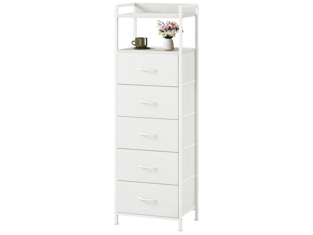 White Tall Dresser for Bedroom with 5 Drawers, Tall Nightstand Night Stand Bedside Table with Fabric Bins, Metal Frame, Wood Top, Vertical Storage...