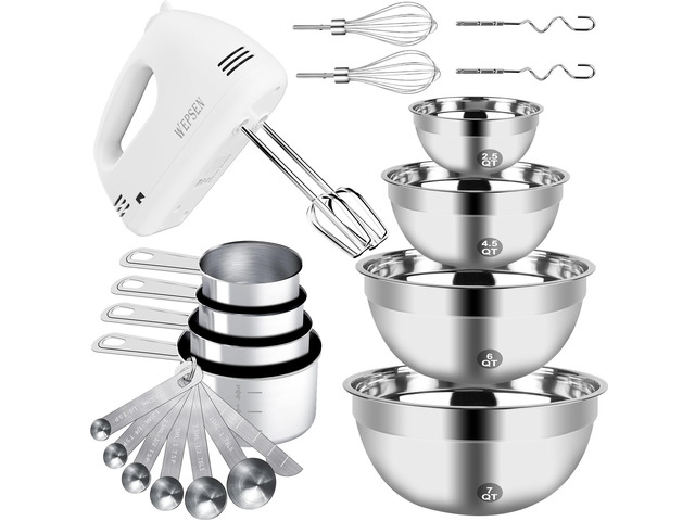 WEPSEN Hand Mixer Electric Mixing Bowls Set, 5 Speeds Handheld Mixer with 4 Nesting Stainless Steel Mixing Bowl, Measuring Cups Spoons 200W Kitchen...