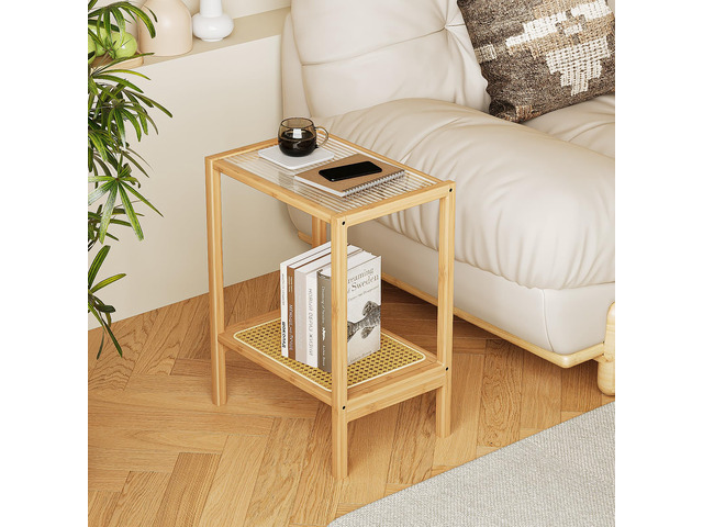 Bamworld Side Table Nature Rattan End Table 2-Tier with Storage Boho