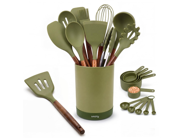 Silicone Kitchen Utensils Set, 22-Piece Acacia Wood Handle, Green Cooking Utensils Set, Spatula Set with Utensils Holder, for Nonstick Cookware,...