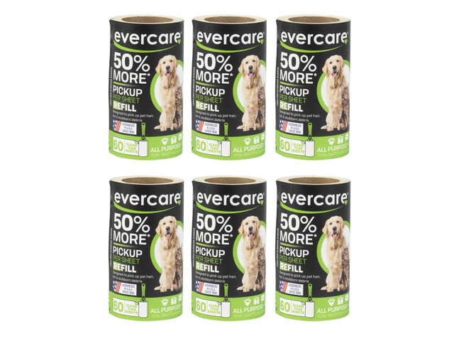 Pet Lint Roller Refill, Manual Operation, 60 Sheets per Roll, 6 Count Refill Pack for Pet Hair Removal, Green