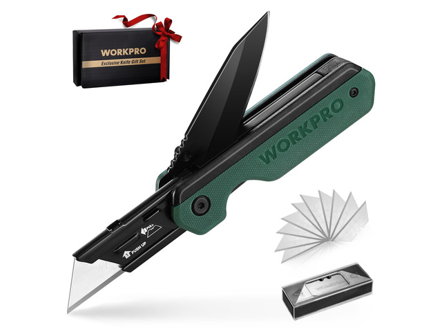 2-in-1 Folding Knife/Utility Knife, Quick-Change Box Cutter with Belt Clip, Liner Lock, and G10 Handle, Extra 10 SK5 Blades Included, Green